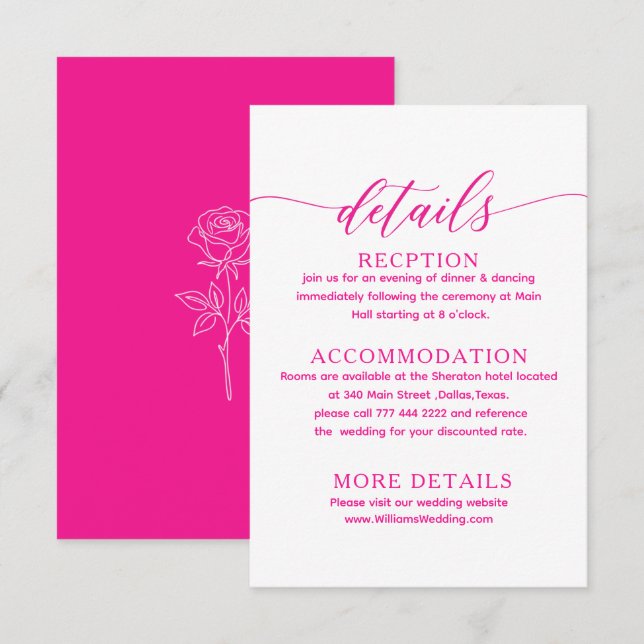 pink  fuchsia simple classic wedding details card (Front/Back)