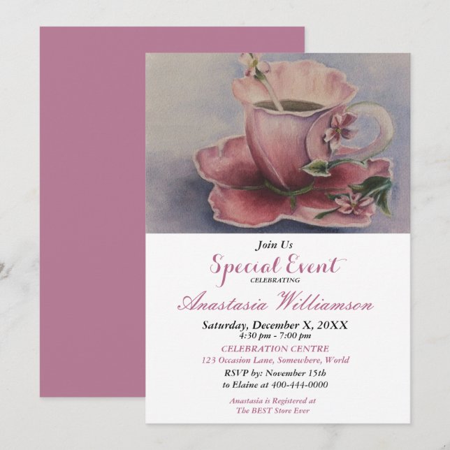 PINK FUCHSIA TEACUP INVITATION DE L'ÉVÉNEMENT DE P (Devant / Derrière)