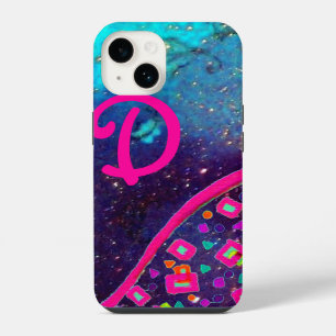 PINK FUCHSIA TURQUOISE BLUE ABSTRACT DECO MONOGRAM iPhone 14 CASE