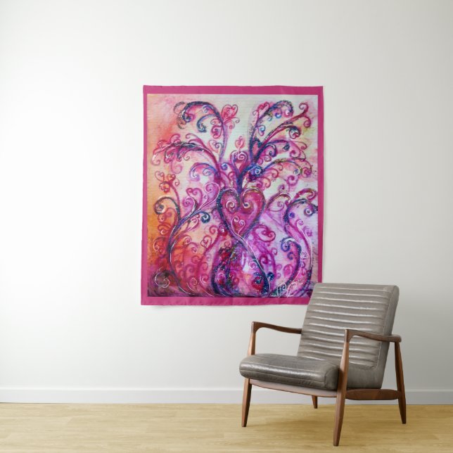 PINK FUCHSIA WHIMSICAL FLOURISHES WITH HEART TAPESTRY (In Situ)