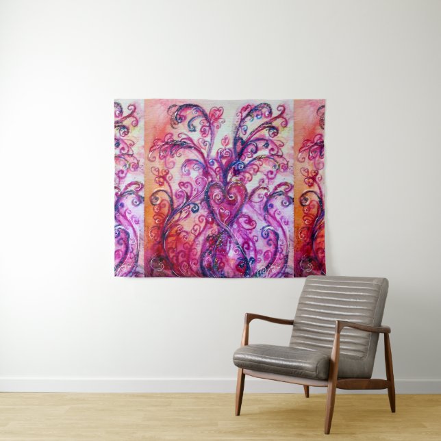 PINK FUCHSIA WHIMSICAL FLOURISHES WITH HEART TAPESTRY (In Situ (Horizontal))