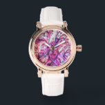 PINK FUCHSIA WHIMSICAL FLOURISHES WITH HEART WATCH<br><div class="desc">Colourful,  fuchsia, red, white purple, violet, blue pink blossoms and blooms in Spring .Watercolor painting with golden and silver foil byBulgan Lumini (c)</div>