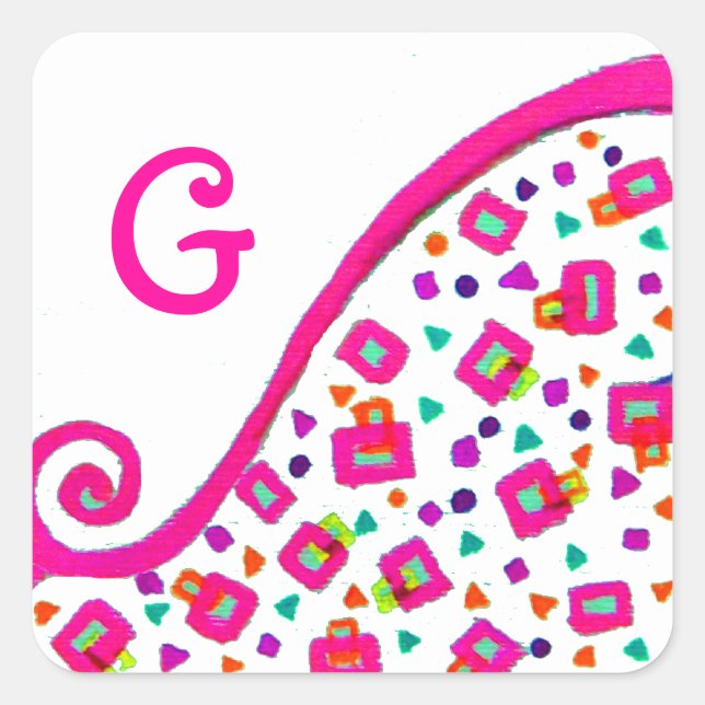 PINK FUCHSIA WHITE ABSTRACT DECO MONOGRAM SQUARE STICKER (Front)