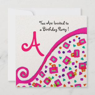 PINK FUCHSIA WHITE ABSTRACT DECO SQUARE MONOGRAM INVITATION