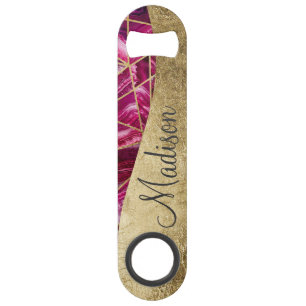 Pink Fuchsia White Agate Gold Geometric Monogram Speed Bottle Opener