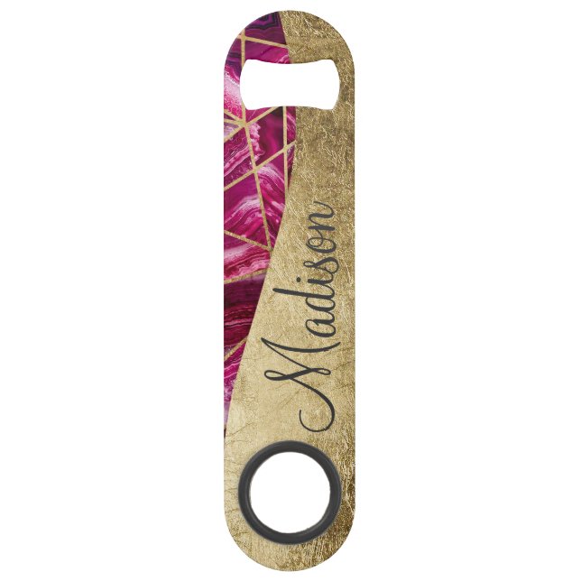 Pink Fuchsia White Agate Gold Geometric Monogram Speed Bottle Opener (Front)