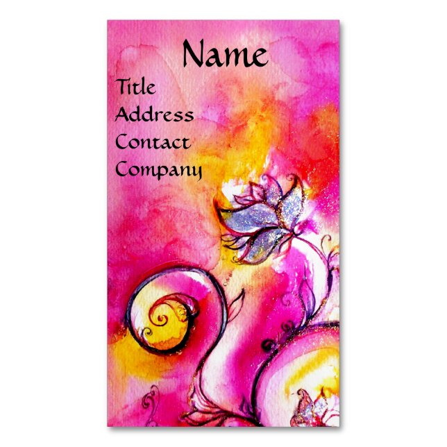 PINK FUCHSIA YELLOW WHIMSICAL FLOWERS 	Magnetic BUSINESS CARD (Front Vertical)