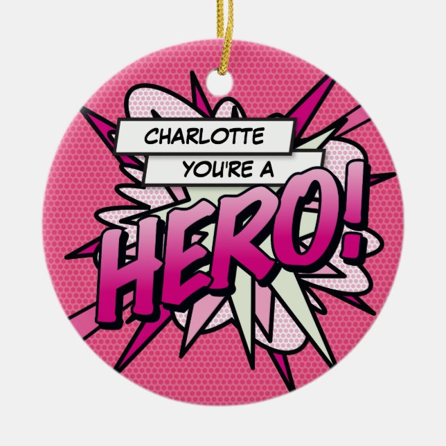 Pink Fun Comic Book HERO Photo Personalized Ceramic Ornament (Front)