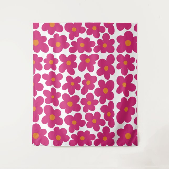 Pink Fun Floral Pattern Tapestry (Front)