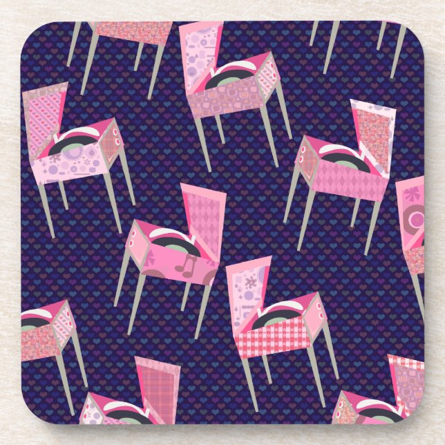 Pink Fun Record Players Art Pattern Fifties Coaster (Front)