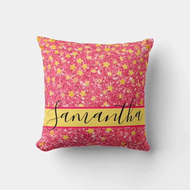 Pink fun sparkling pattern, glittery stars  throw pillow (Front)