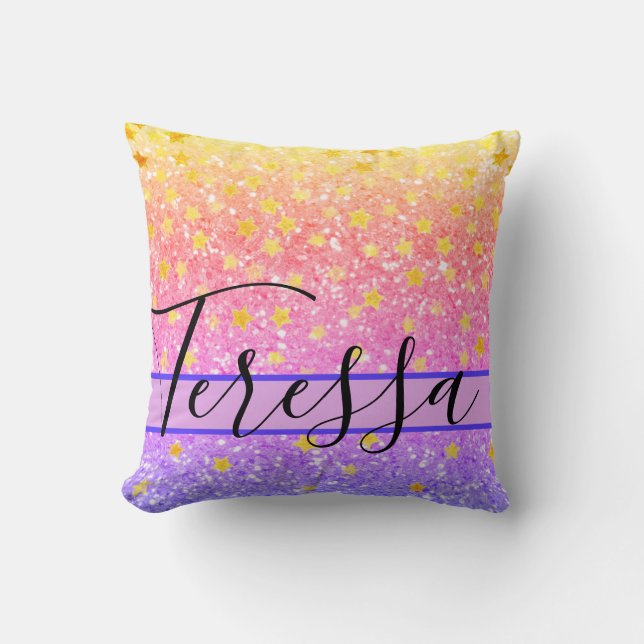 Pink fun sparkling pattern, glittery stars  throw  pillow (Front)