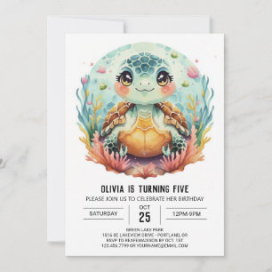 Pink Fun Turtle Girl Birthday Invitation