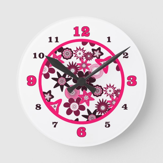 Pink Funky Flowers Round Clock (Front)