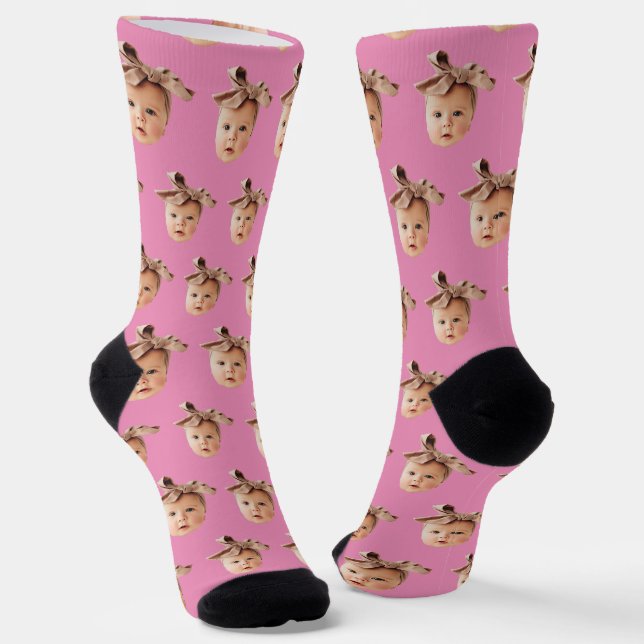 Pink Funny Custom Daughter Face Photo Crew Socks (Angled)