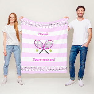Pink future tennis star personalized striped fleece blanket
