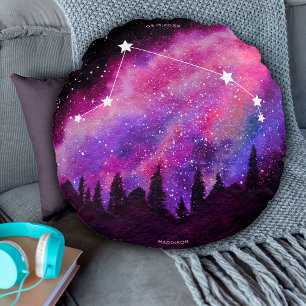 Pink Galaxy Aries Zodiac Constellation Birthday Round Pillow