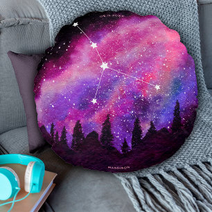 Pink Galaxy Cancer Zodiac Constellation Birthday Round Pillow