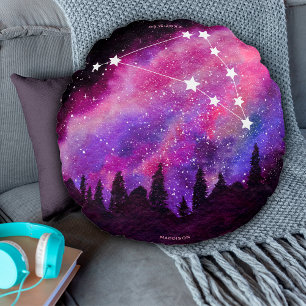 Pink Galaxy Capricorn Zodiac Constellation Round Pillow