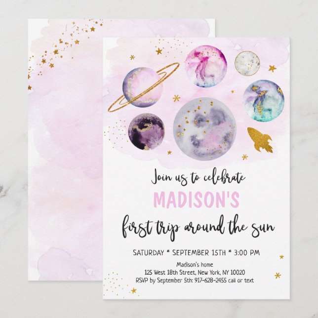 Pink Galaxy First Trip Around The Sun Birthday Invitation (Front/Back)