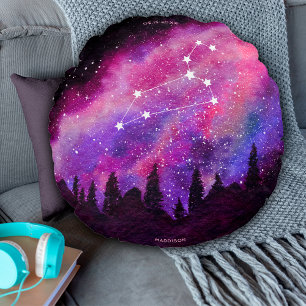 Pink Galaxy Leo Zodiac Constellation Birthday Round Pillow