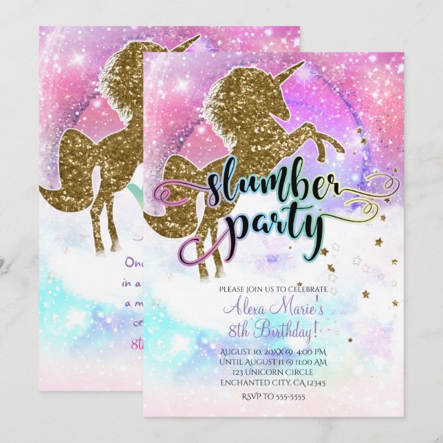 Pink Galaxy Magical Unicorn Sparkle Slumber Party Invitation (Front/Back)
