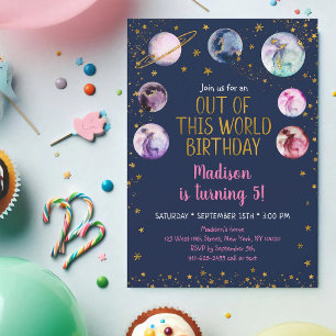 Pink Galaxy Planets Girl Birthday Invitation