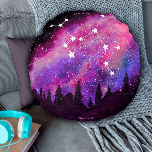Pink Galaxy Sagittarius Zodiac Constellation Round Pillow