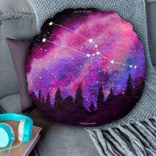 Pink Galaxy Taurus Zodiac Constellation Birthday Round Pillow