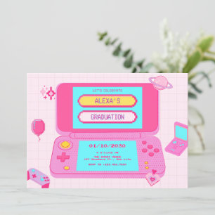 Pink game retro graduation invitation