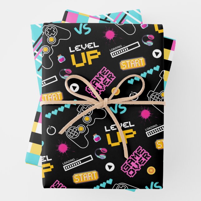 Pink Gamer Pixelated Gift Wrapping Paper Set (In situ)