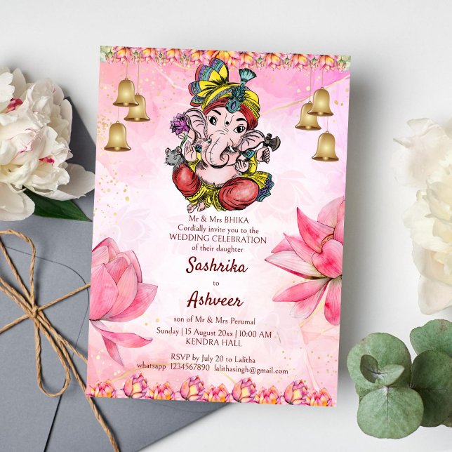 Pink Ganesha lotus Indian wedding template (Cute Ganesha pink lotus Indian wedding template invitation instant download)