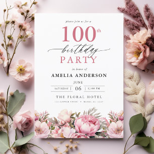 Pink Garden Floral Calligraphy 100th Birthday Invitation
