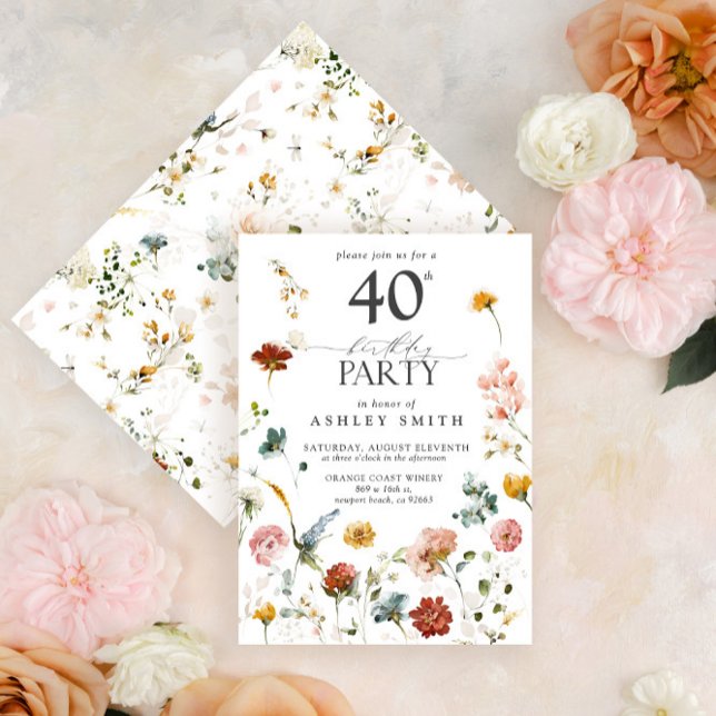 Pink Garden Floral Calligraphy 40th Birthday Invitation (Creator Uploaded)