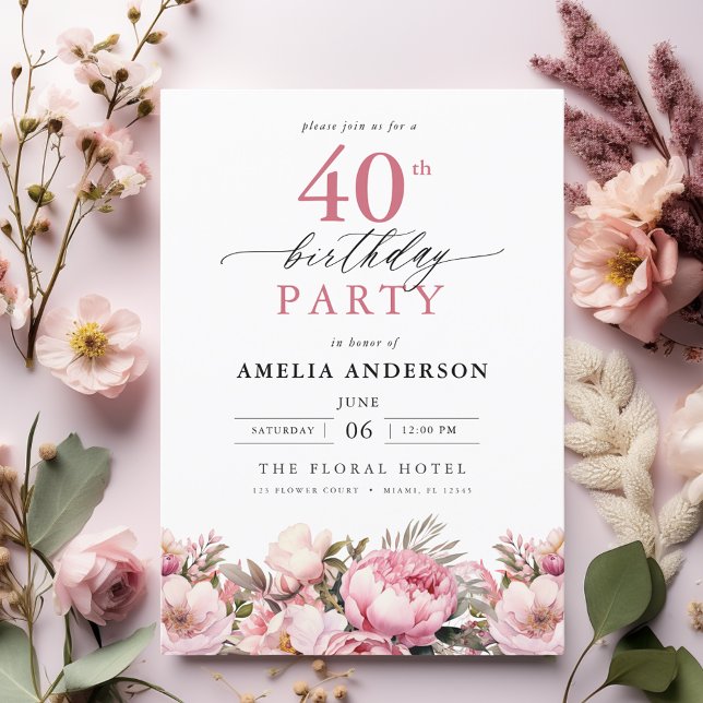 Pink Garden Floral Calligraphy 40th Birthday Invitation (Creator Uploaded)