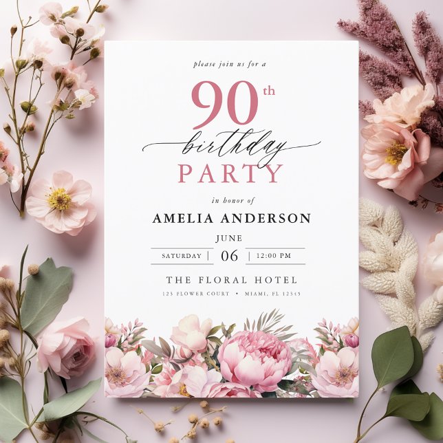 Pink Garden Floral Calligraphy 90th Birthday Invitation (Creator Uploaded)