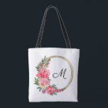 Pink Garden Floral Wreath Monogram Tote Bag<br><div class="desc">Gift this beautiful personalized tote bag featuring gold rings and garden flowers in shades of pink and personalized with a monogram in chic lettering. MATCHING ITEMS in our store.</div>