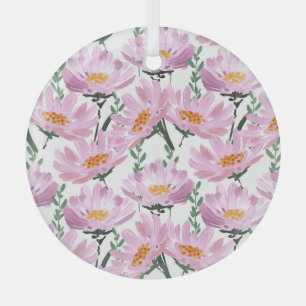 Pink Garden Flowers: Hand-Drawn Seamless. Glass Ornament