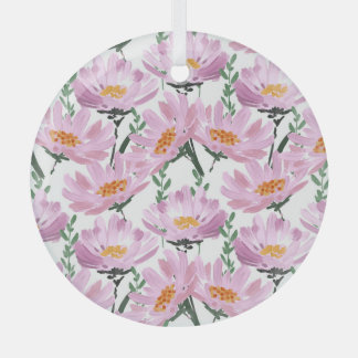 Pink Garden Flowers: Hand-Drawn Seamless. Glass Ornament