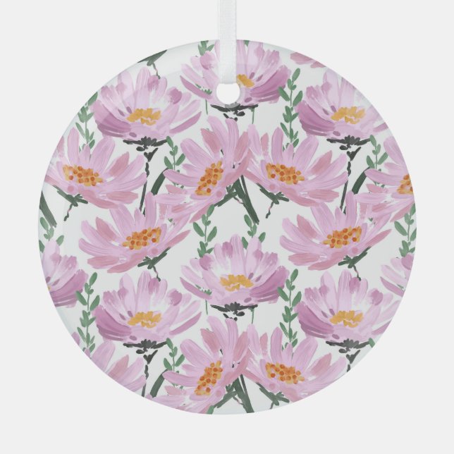 Pink Garden Flowers: Hand-Drawn Seamless. Glass Ornament (Front)
