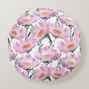 Pink Garden Flowers: Hand-Drawn Seamless. Round Pillow