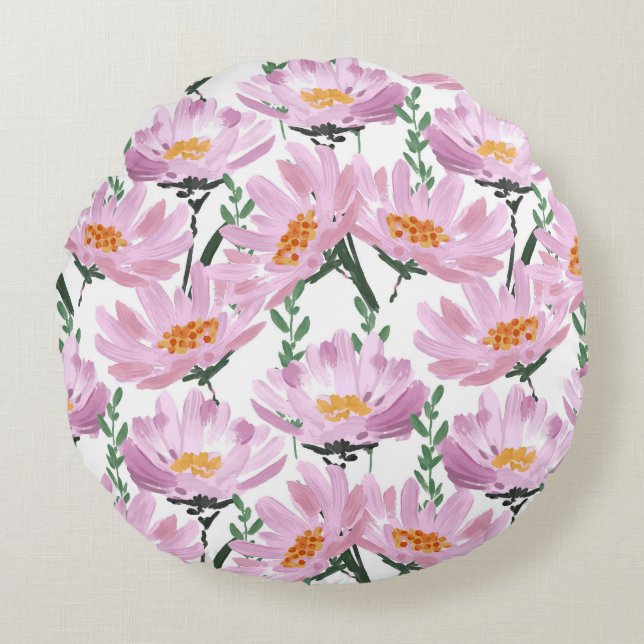 Pink Garden Flowers: Hand-Drawn Seamless. Round Pillow (Front)
