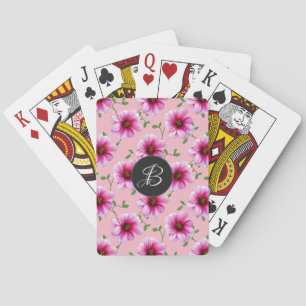 Pink Garden Flowers with Custom Monogram Playing Cards