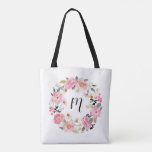 Pink Garden Flowers Wreath Monogram Tote Bag<br><div class="desc">Gift this beautiful personalized tote bag featuring beautiful garden flowers wreath in shades of pink and personalized with a monogram in chic lettering. MATCHING ITEMS in our store.</div>