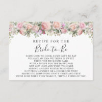 Pink Garden Rose Floral Bridal Shower Recipe Card