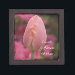 Pink Garden Tulip Spring Wedding Jewelry Box<br><div class="desc">Customize the pretty Pink Garden Tulip Wedding Gift Box with the personal names of the bride and groom and specific March, April or May spring time marriage ceremony date to create a keepsake gift for the bride or her bridesmaids and bridal party. This elegant wedding botanical trinket box features a...</div>