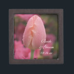 Pink Garden Tulip Spring Wedding Jewelry Box<br><div class="desc">Customize the pretty Pink Garden Tulip Wedding Gift Box with the personal names of the bride and groom and specific March, April or May spring time marriage ceremony date to create a keepsake gift for the bride or her bridesmaids and bridal party. This elegant wedding botanical trinket box features a...</div>