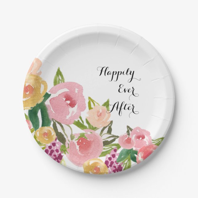 Pink Garden Watercolor Floral Paper Plate (Front)