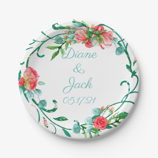 Pink Garden Watercolor Rose Bouquet Paper Plate (Front)