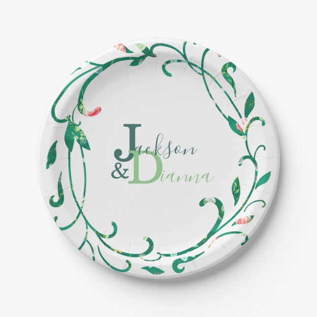 Pink Garden Watercolor Wreath Paper Plate (Front)